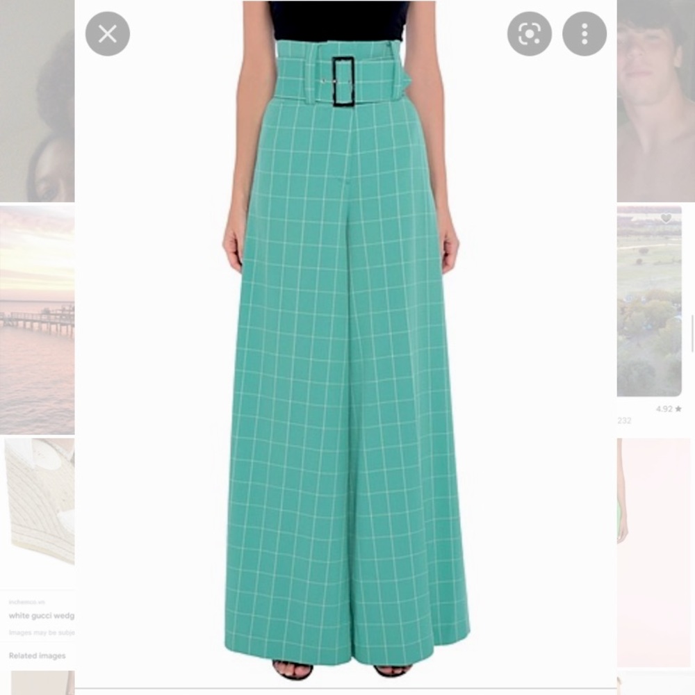 Sara Battaglia green plaid belted pants